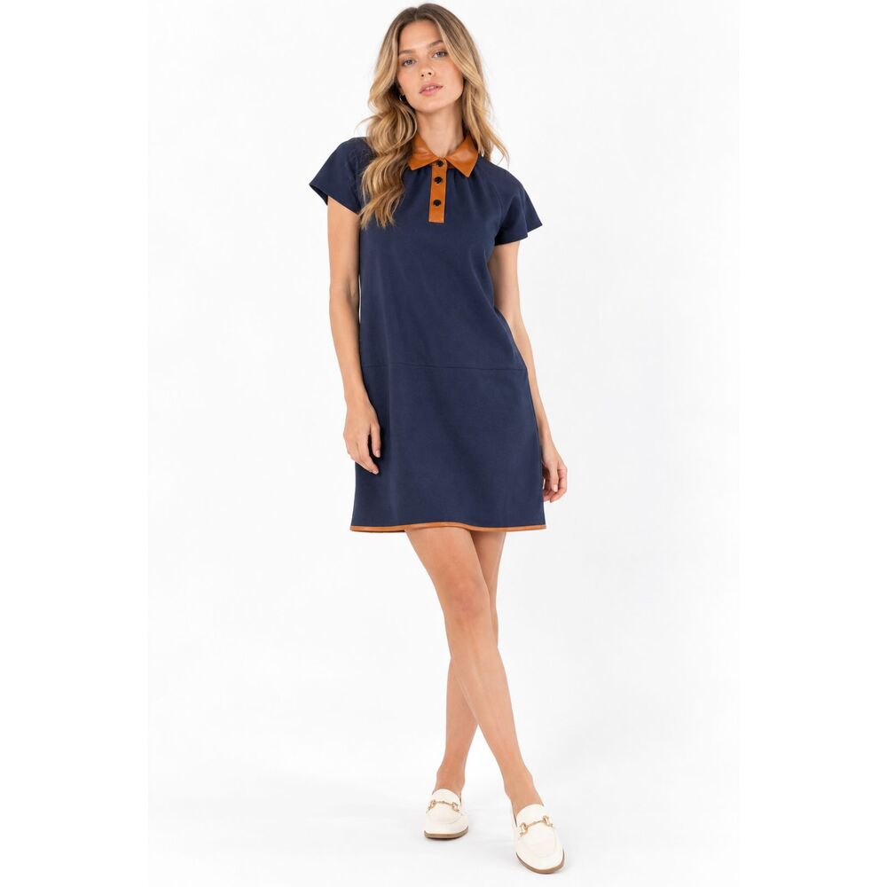 THML Dover Navy Dress Faux Leather Shift Mini Mod Preppy Old Money Dress Size S